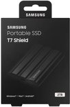 Zwarte Samsung Portable SSD T7 Shield verpakking met 2TB capaciteit en compatibiliteit voor Windows, Mac en Android.