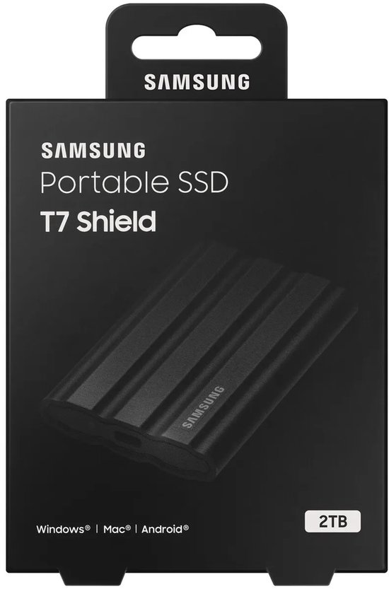 Zwarte Samsung Portable SSD T7 Shield verpakking met 2TB capaciteit en compatibiliteit voor Windows, Mac en Android.