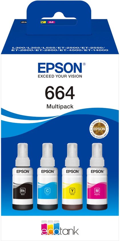 Verpakking van de Epson 664 multipack met vier EcoTank inktflessen en printercompatibiliteitslijst.