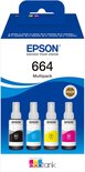 Verpakking van de Epson 664 multipack met vier EcoTank inktflessen en printercompatibiliteitslijst.