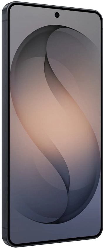 Zijaanzicht van een zwarte smartphone met strakke randen en abstract schermontwerp.