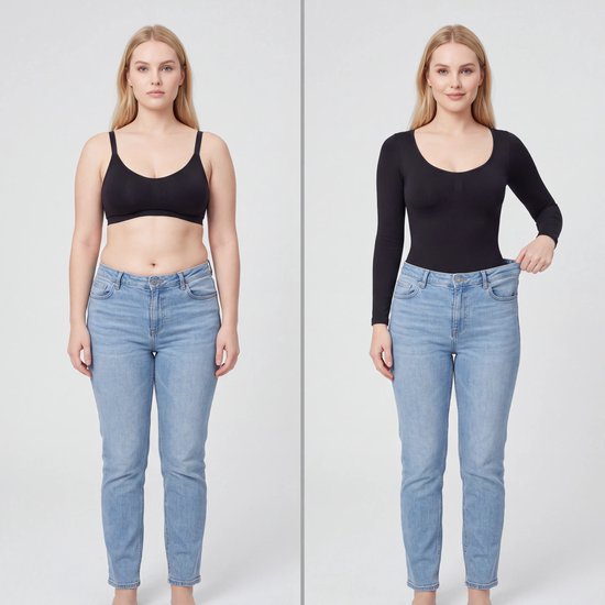 Vergelijking voor en na: vrouw draagt zwarte corrigerende body met lange mouwen, jeans zit zichtbaar losser.