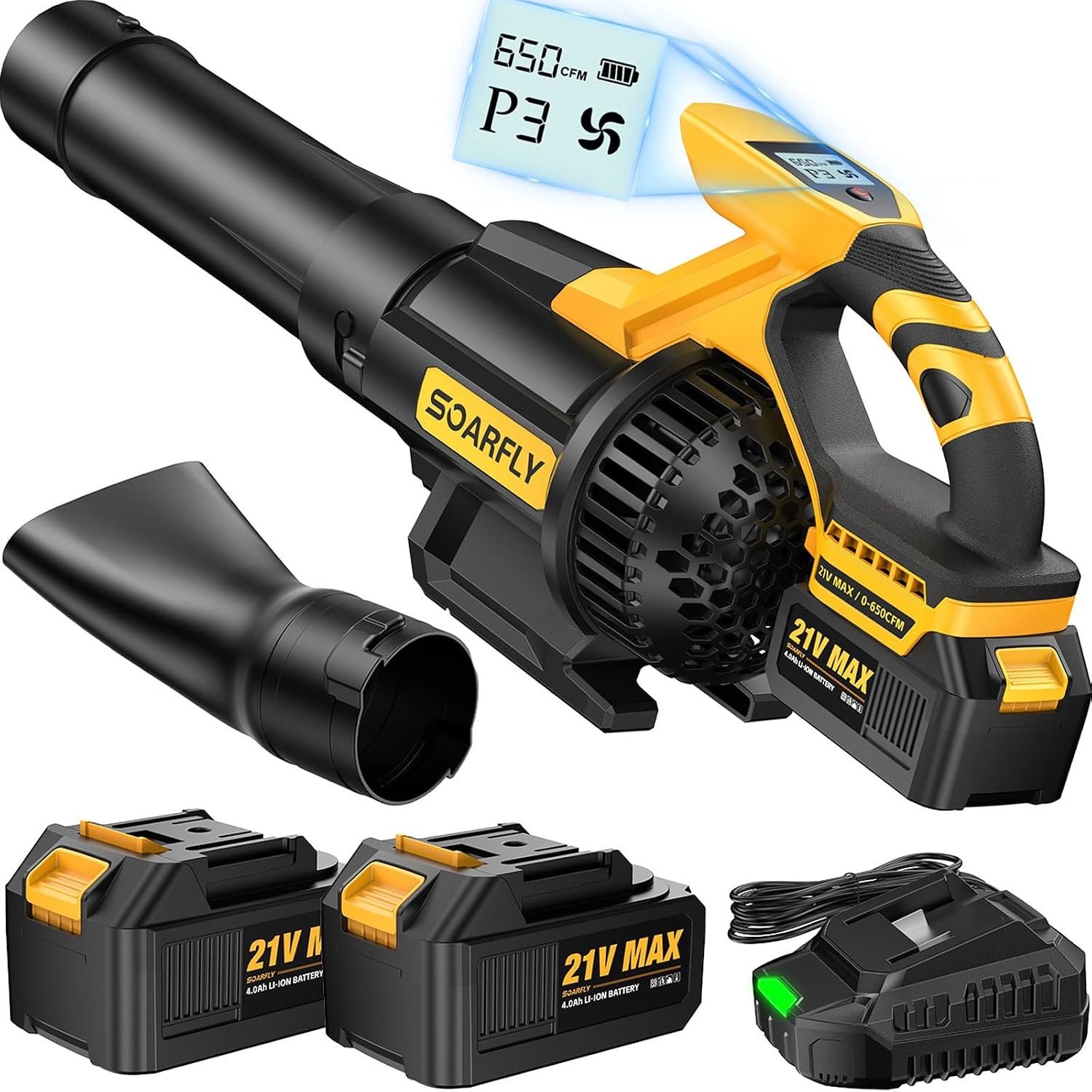 Krachtige Accu Bladblazer met 2×4.0Ah Batterij en Oplader, 21V Motor 28000rpm, 210km/h, Ideaal voor Tuin, Terras en Oprit, Lichtgewicht en Variabele Snelheid