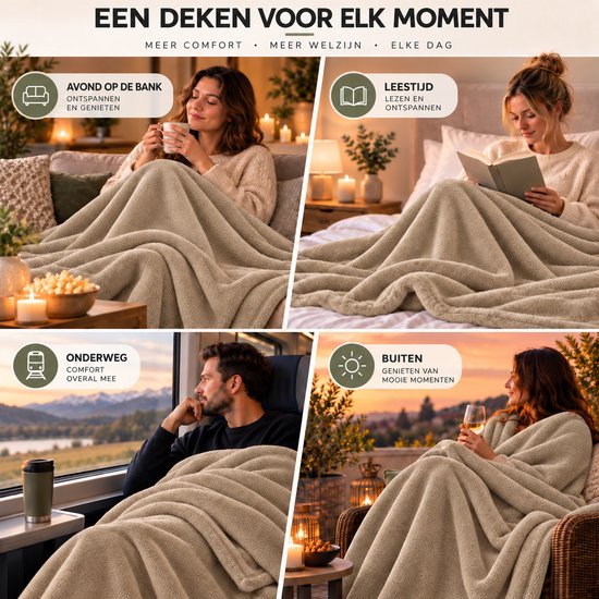 Beige plaid gebruikt op de bank, in bed, tijdens reizen en buiten, getoond bij mensen.