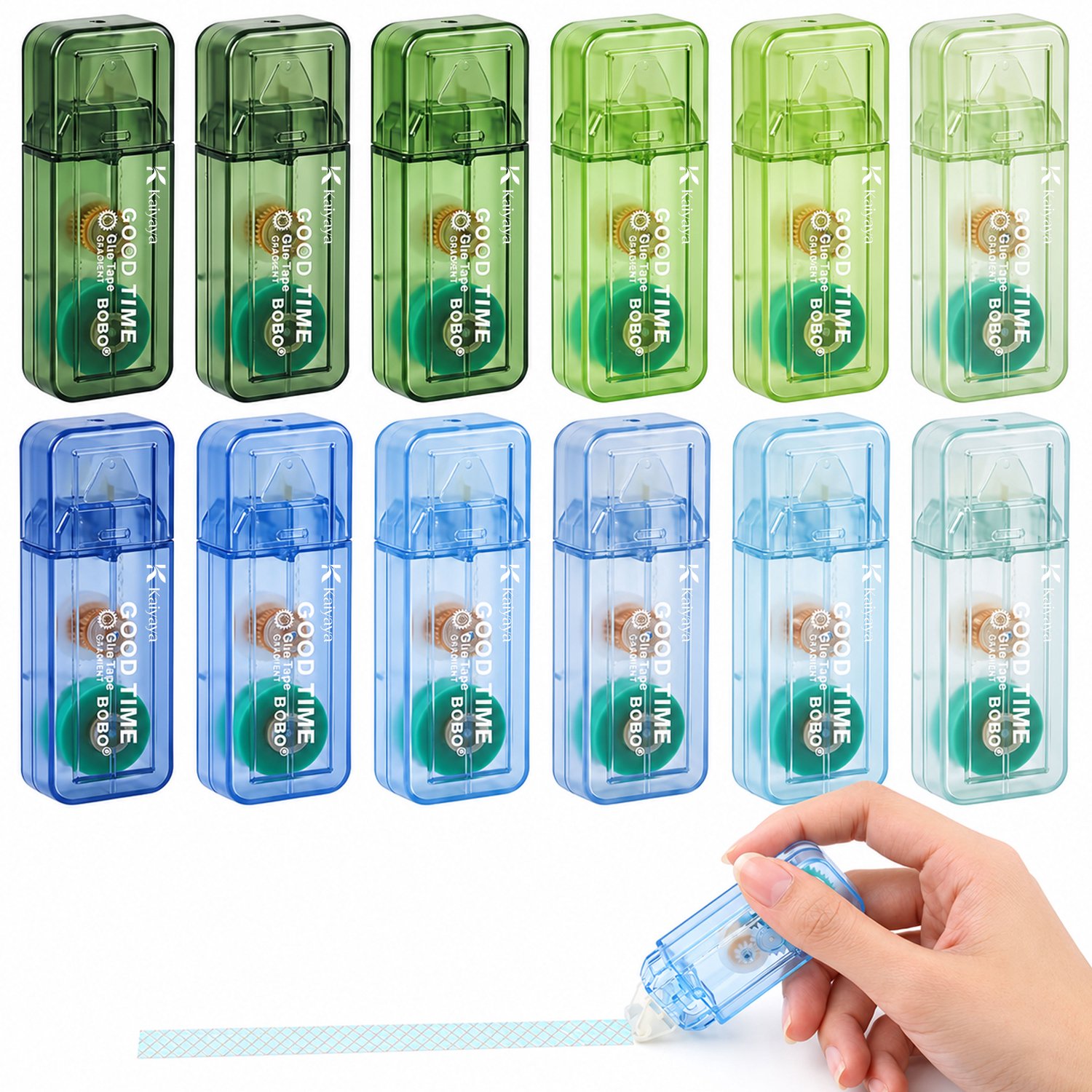 Kaiyava - 12 stuks Lijmroller - 2 sets dubbelzijdige plakrollers met verschillende kleuren behuizing - Compact en lichtgewicht - Voor kantoor, school en knutselen