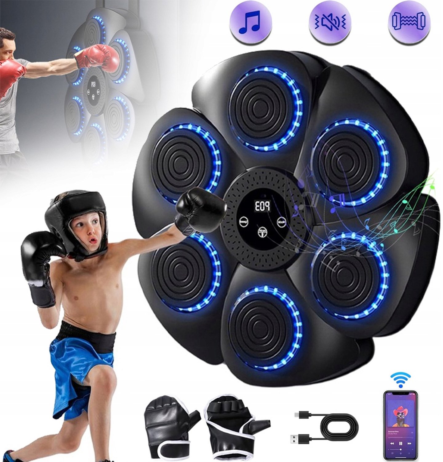 Muziek Boksmachine met Bluetooth Connectiviteit - 9 Modi 18 Snelheden & Telfunctie - Wandmontage zonder Boren - Inclusief Bokshandschoenen - Perfect voor Thuisworkouts