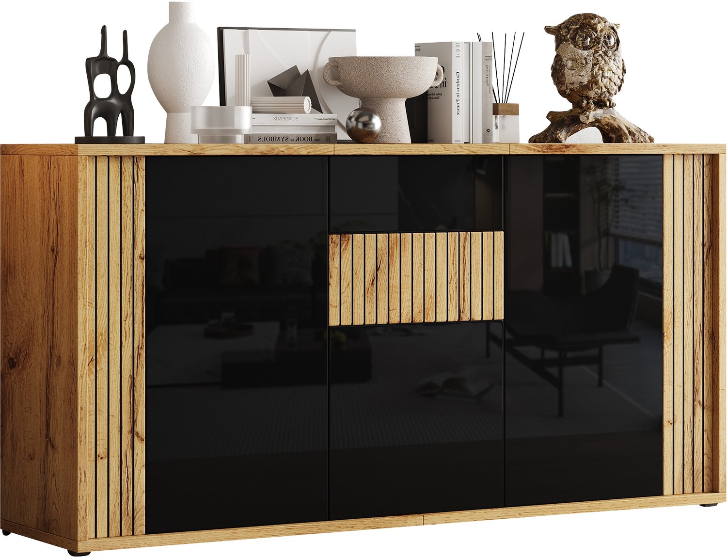 Welltin Dressoir - 3 Deuren - Push-to-open - 6 Opbergvakken - Hoogglans Front - 140 x 35 x 71 cm - Zwart Houtkleur Zwart + Naturel