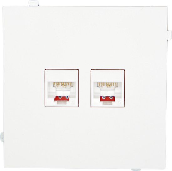 Witte LURANOVA inbouw wandcontactdoos met twee RJ45 CAT6 keystone poorten.