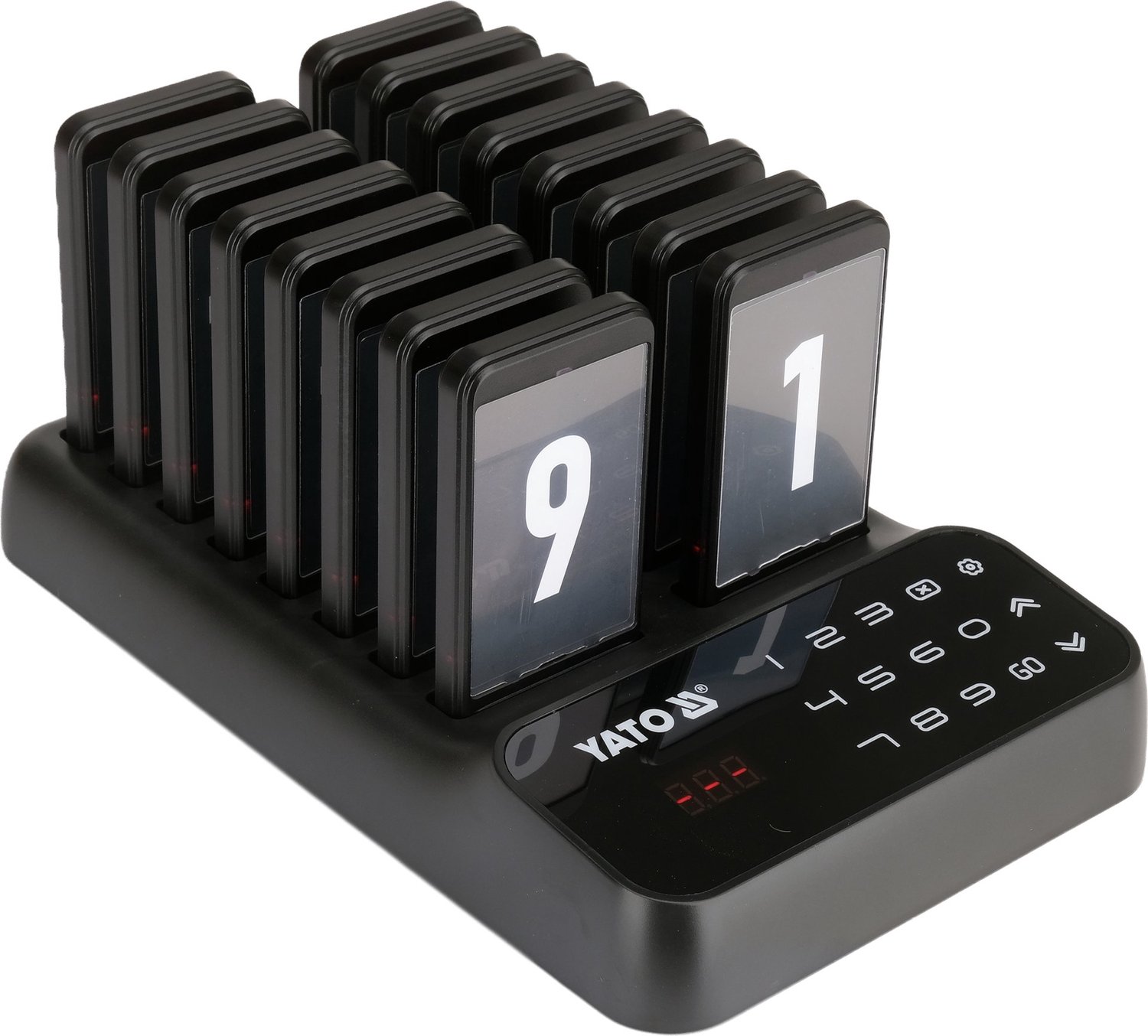 YATO YG-12200 Draadloos Oproepsysteem met 16 Pagers voor Horeca - Gasten Oproepsysteem met Basisstation & Ladereenheid - Bereik tot 300 Meter - Licht, Geluid & Trilling - Voor Restaurant, Café & Foodtruck