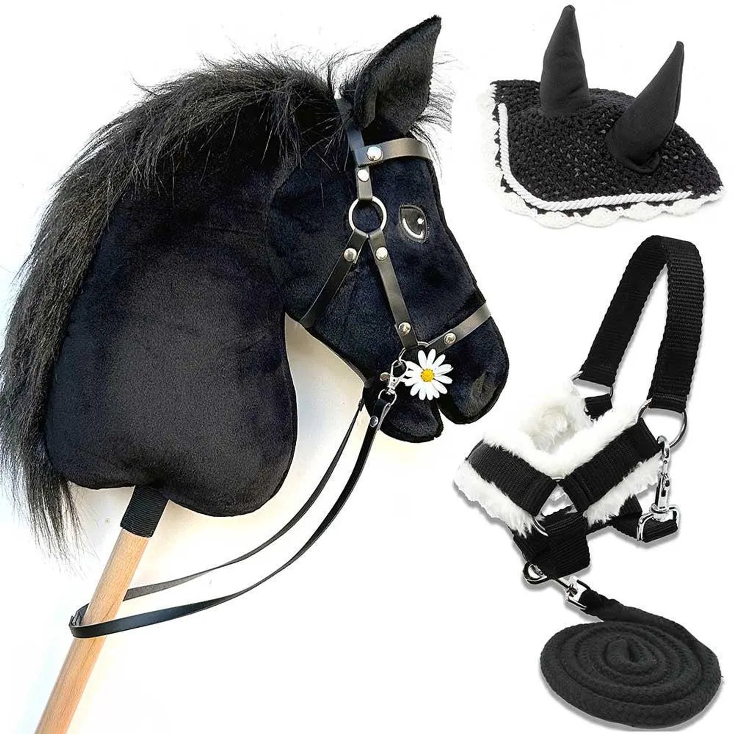Hobby Horse Land Hobbyhorse Stormy Zwart Paard - Maat A3 (L) - Met Zwart Halster, Hoofdstel en Vliegenkap