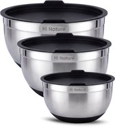 HI NATURE™ RVS Mengkommen set 3 met Luchtdichte Deksel - Roestvrijstalen kom - Kommen set | Patisseriekommen - Mixkom - Beslagkommen - Mengschalen - Bakspullen - Slakom - Saladekom | Beslagkom set - AntiSlip Bodem - Vriezer & Vaatwasserbestendig