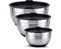 HI NATURE™ RVS Mengkommen set 3 met Luchtdichte Deksel - Roestvrijstalen kom - Kommen set | Patisseriekommen - Mixkom - Beslagkommen - Mengschalen - Bakspullen - Slakom - Saladekom | Beslagkom set - AntiSlip Bodem - Vriezer & Vaatwasserbestendig