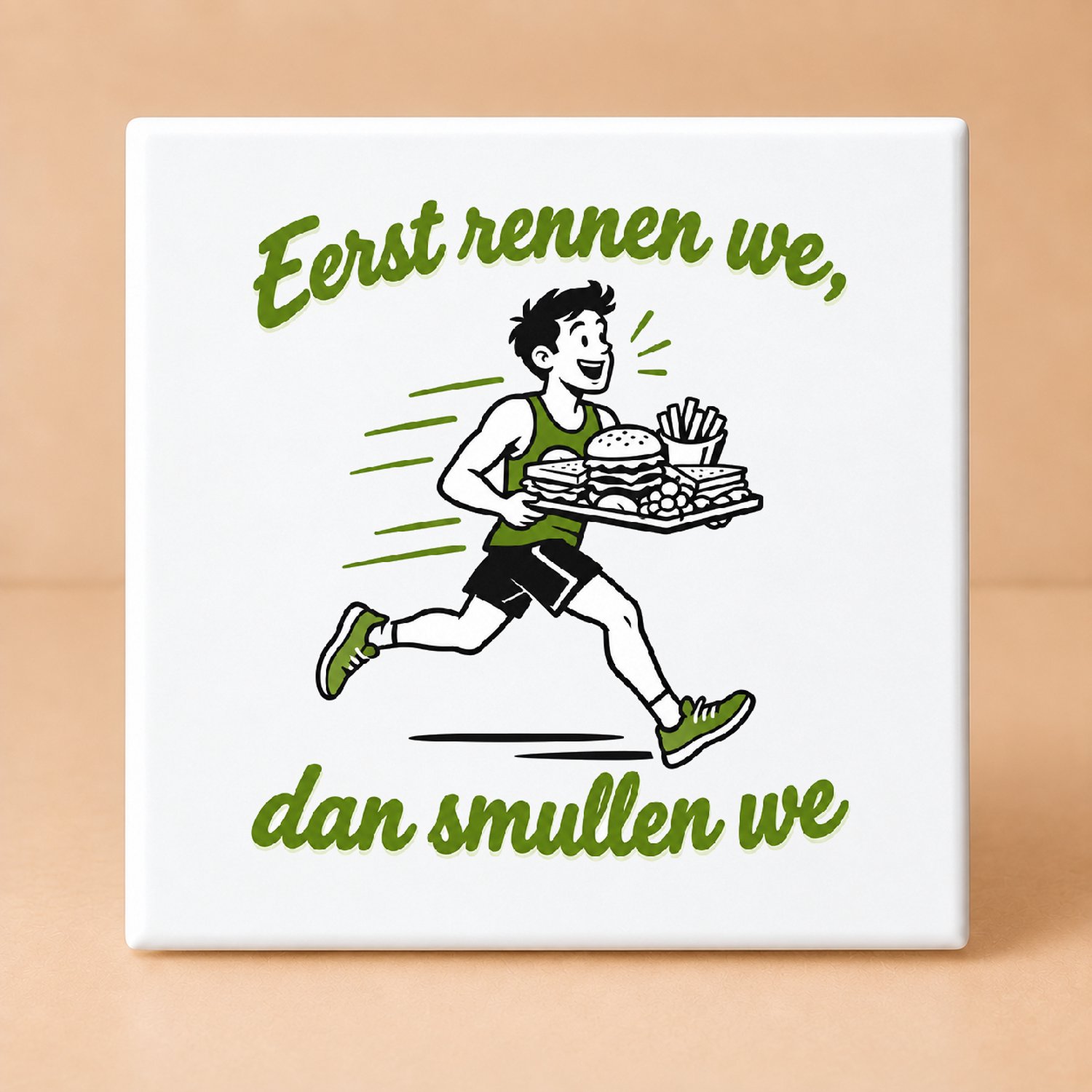 Bedruk King Strakke Hardlopers tegen de feestdagenkilo’s Tegel – Minimalistisch lijnwerk voor sportieve hardloopliefhebbers - 15 x 15 cm Wit