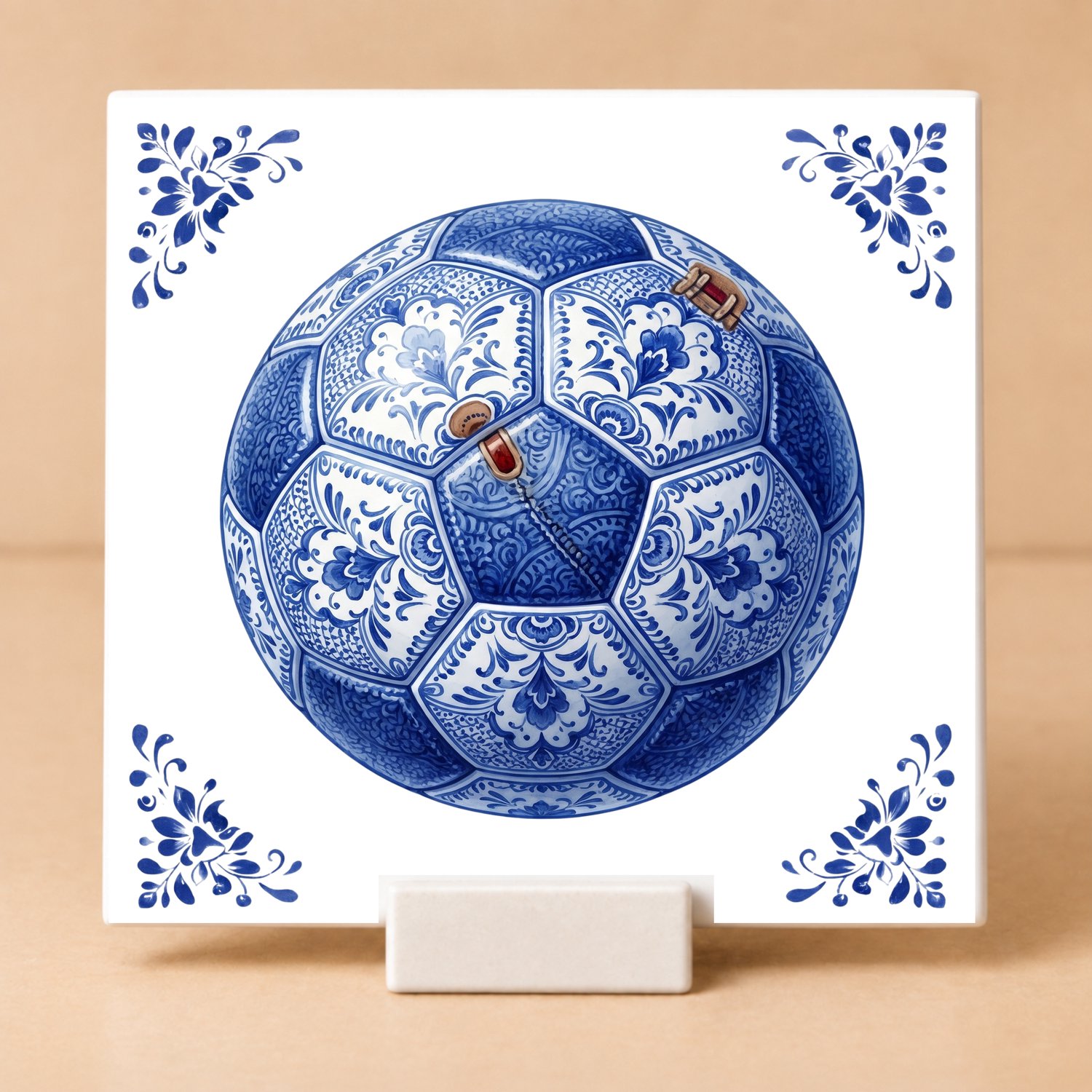 Bedruk King Delftsblauw Tegeltje 11x11 Voetbal met Houdertje – Cadeau voor Voetballiefhebber of Sportfan Wit