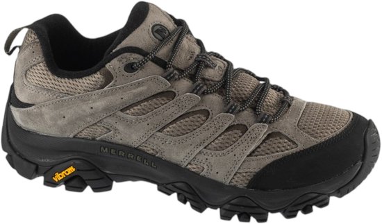 Zijaanzicht van een grijze Merrell wandelschoen met mesh, suède, veters en een Vibram-zool.