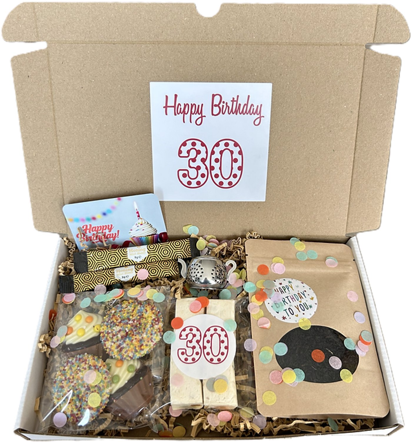 30 Verjaardag thee brievenbus cadeau - nougat - chocolade - honing - theezeefje