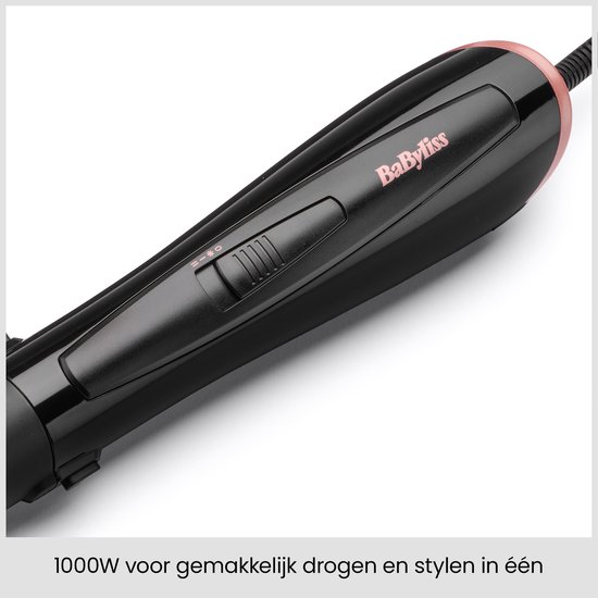 Brosse soufflante BaByliss noire avec détails en or rose, 1000W pour sécher et coiffer facilement.