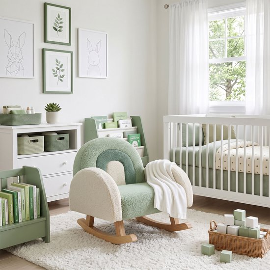 Sunny Filou Kinderschommelstoel Teddy Groen – 55 x 55 x 50 cm – Kinderstoel met Regenboogdesign – Kinderfauteuil met Schommelfunctie – Houten Frame – Max. 100 kg – Peuterstoeltje voor Binnen vanaf 3 jaar — afbeelding 4