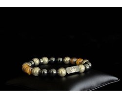 Rengetsu Chishin | Earth Core - Natuurstenen herenarmband - Agaat, Onyx en Pyriet - Bruin/Zwart - 16 cm