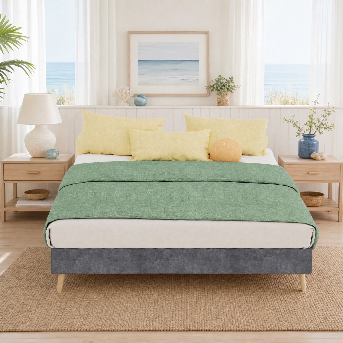 WUVRIE Bedframe 140x200 cm met fluwelen bekleding, lattenbodem en ruimte onder bed, grijs
