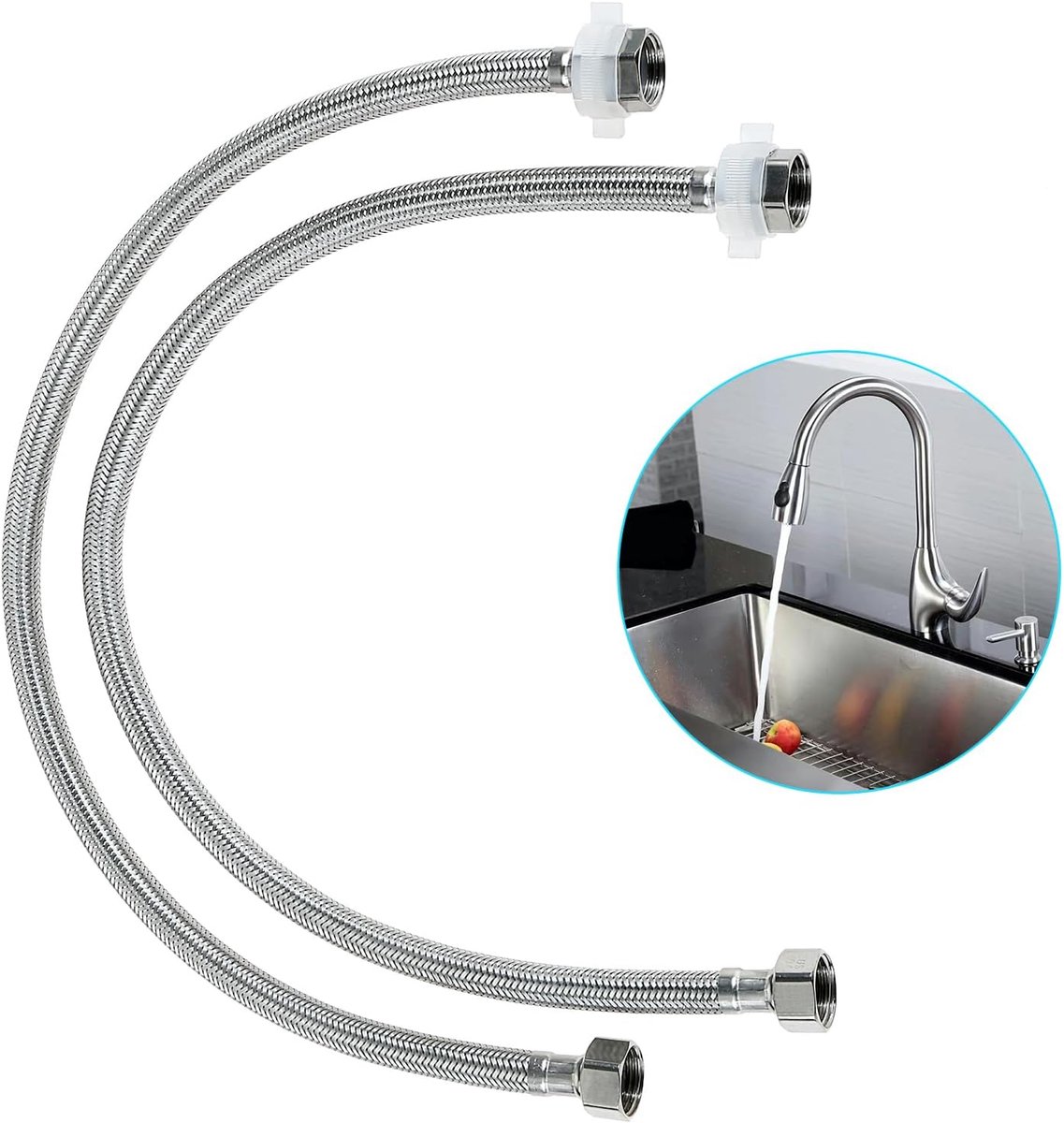 Pack of 2 Flexible Hose Fittings, Stainless Steel Connection Hose G1/2 inch x G1/2 inch, Armoured Hose, Tap, Shower - ShopVlot