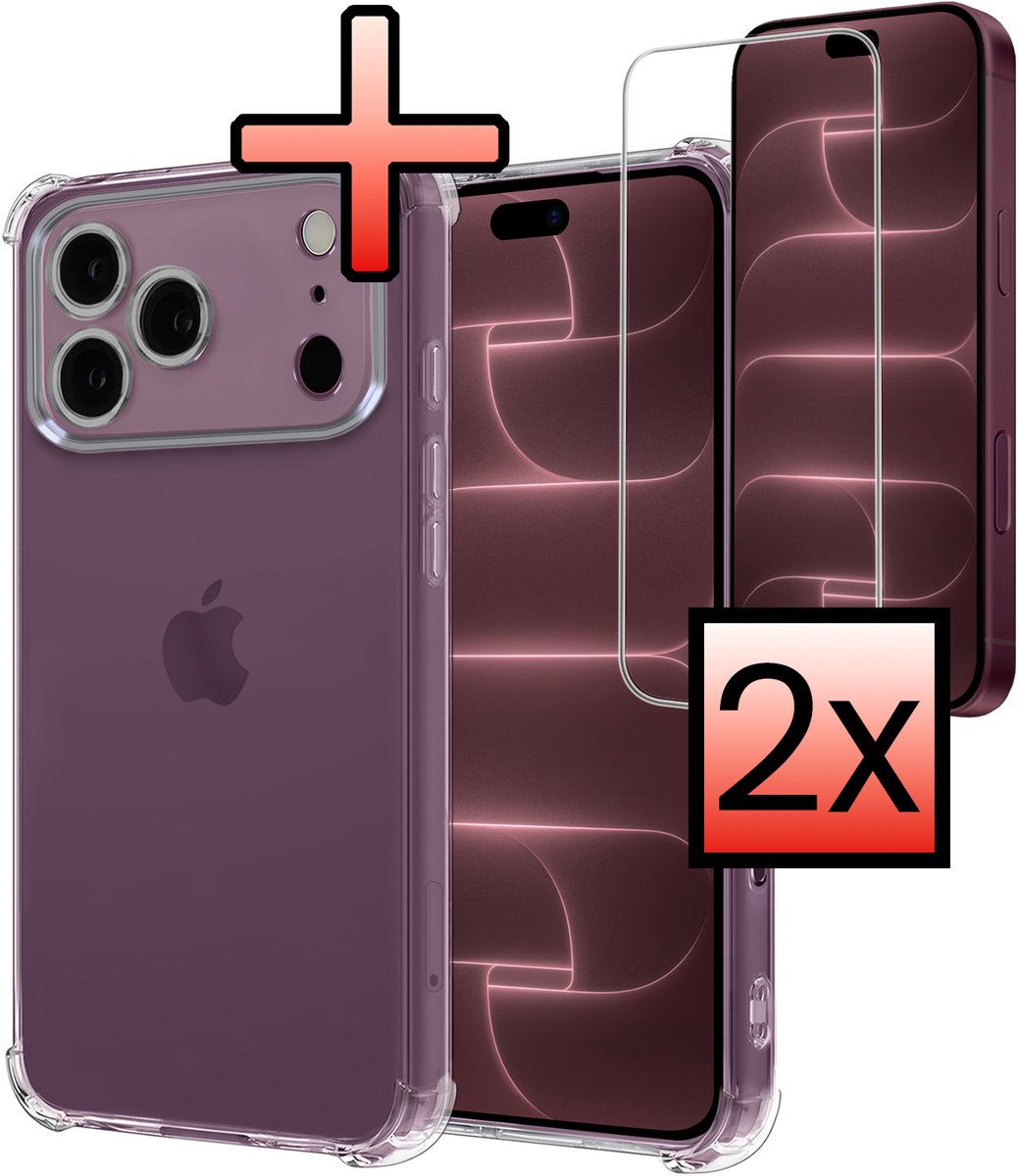 Hoesje - Met Screenprotector - 2 Stuks - Geschikt voor Apple iPhone 18 Pro - Sterk & Shockproof - Siliconen Case - Back Cover - Telefoon Hoes - Shock Proof - Transparant
