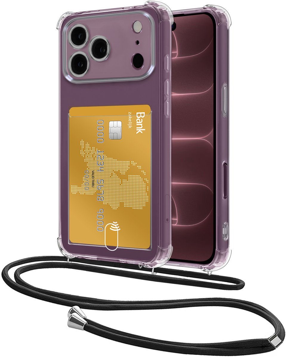 Hoes Geschikt voor Apple iPhone 18 Pro Hoesje Pasjeshouder Cover Met Koord Shock Proof Case Siliconen Hoes Met Telefoonkoord en Kaarthouder - Transparant