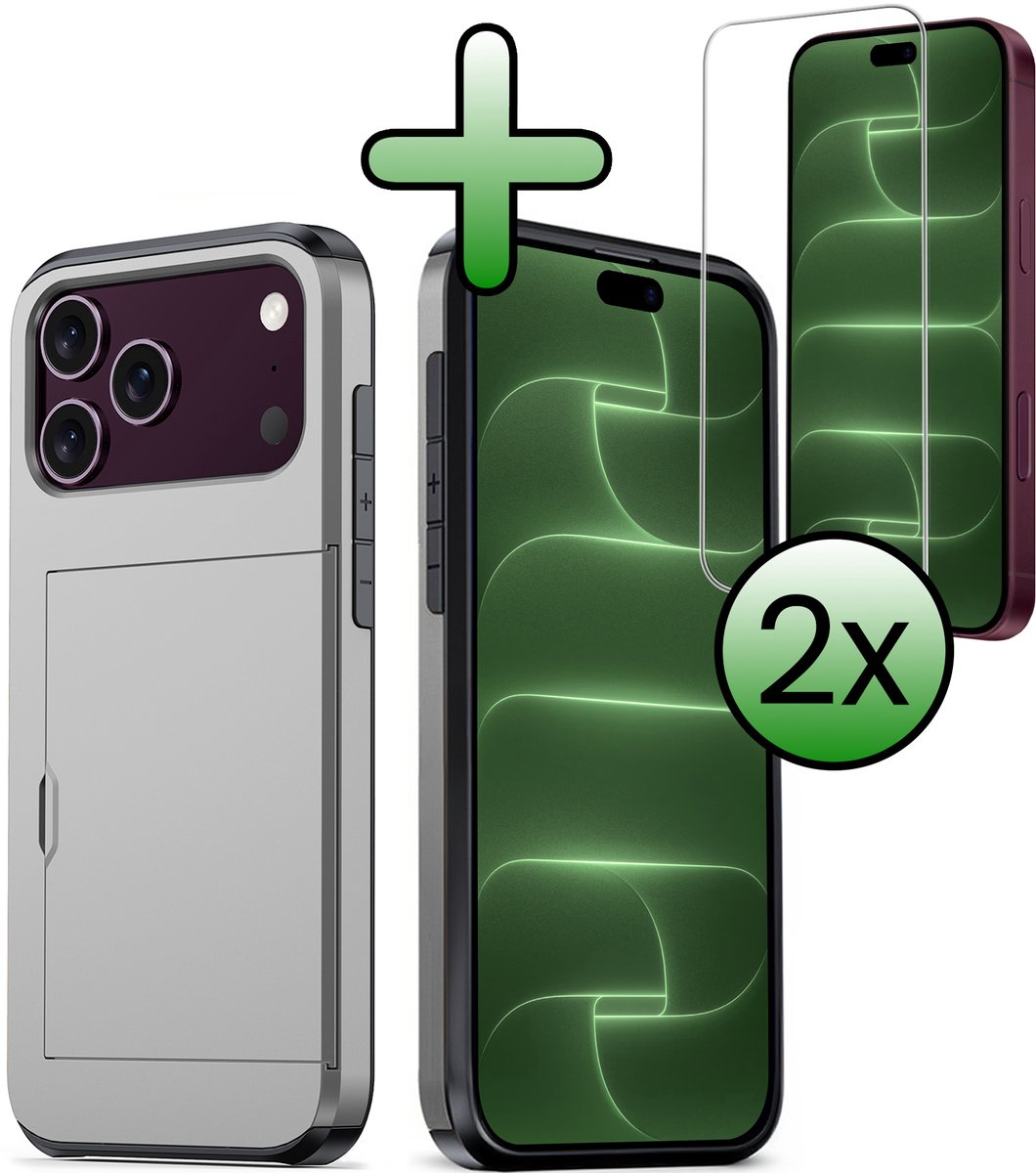 Hoes Geschikt voor iPhone 18 Pro Hoesje Hard Case Met Pas Houder Met 2x Screenprotector - Hoesje Geschikt voor iPhone 18 Pro Hoes Shockproof Hard Cover Met Kaarthouder - Grijs