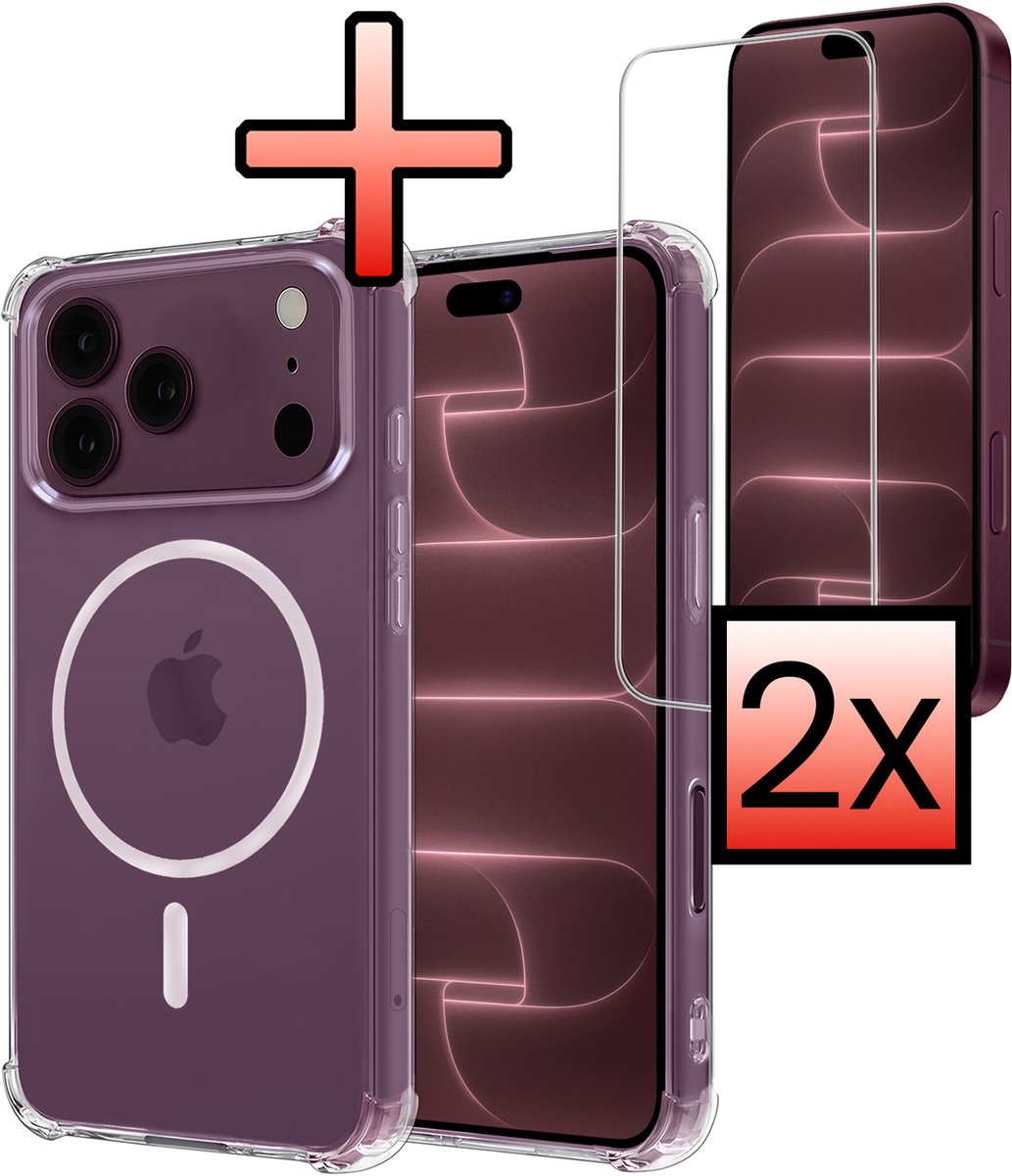 Hoesje - Met 2x Screenprotector - Geschikt voor Apple iPhone 18 Pro - Magsafe Compatible - Sterk & Shockproof - Back Cover - Shock Proof Case - Telefoon Hoes - Transparant