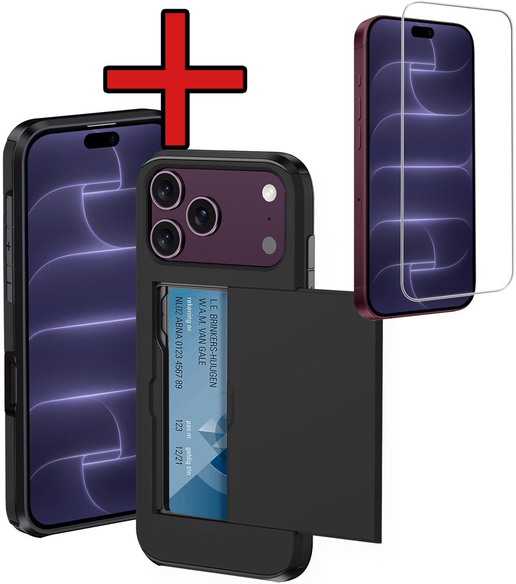 Hoesje Geschikt voor iPhone 18 Pro Max Hoesje Met Pasjeshouder Hard Case Met Kaarthouder Met Screenprotector - Hoes Geschikt voor iPhone 18 Pro Max Hoesje Pashouder Case - Zwart