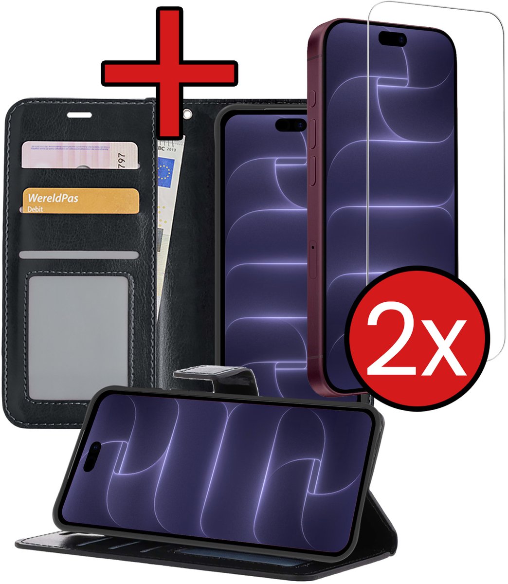 Hoesje - Met 2x Screenprotector - Geschikt voor Apple iPhone 18 Pro Max - Luxe Pasjeshouder - Flip Case - Bookcase Portemonee - Kunstleer Book Case - Flipcase Hoes - Book Cover - Walletcase - Portemonneehoes - Telefoonhoes - Zwart