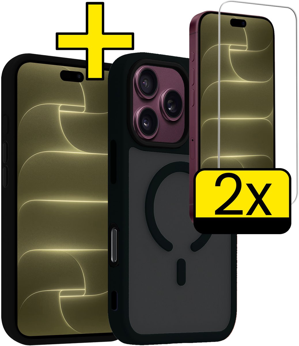 Hoesje - Met 2x Screenprotector - Geschikt voor Apple iPhone 18 Pro - Magsafe Compatible - Sterk & Shockproof - Back Cover - Shock Proof Case - Telefoon Hoes - Telefoonhoesjes - Zwart