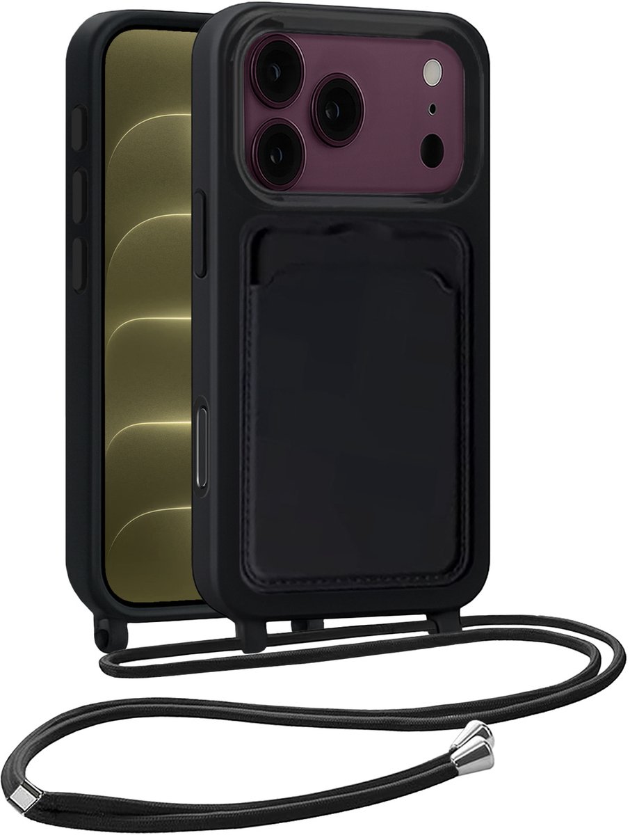 Hoesje Geschikt voor iPhone 18 Pro Hoesje Met Koord Siliconen Case - Hoes Geschikt voor iPhone 18 Pro Backcover Met Afneembaar Koord - Zwart
