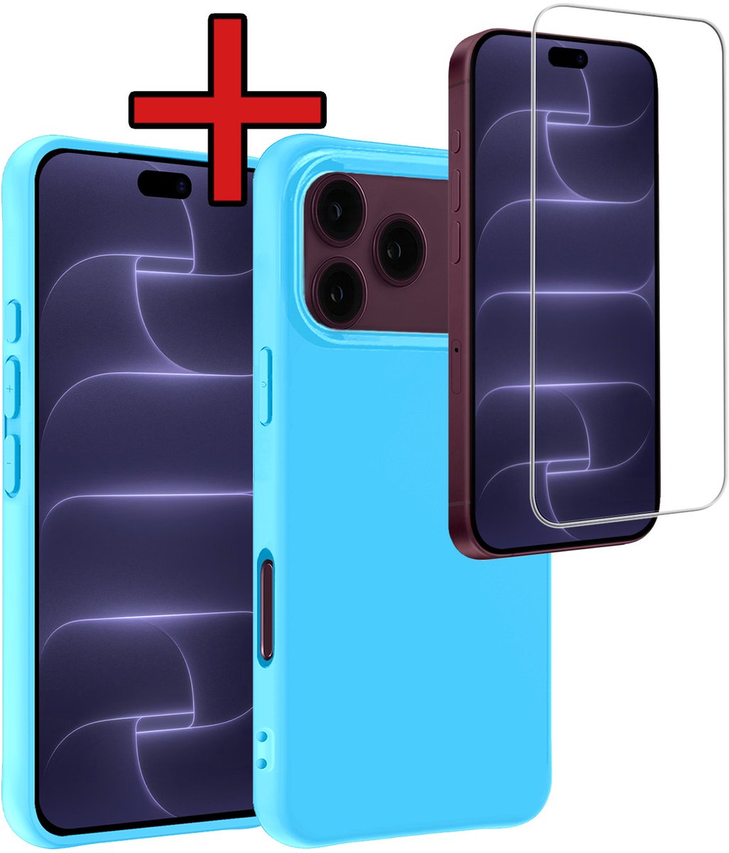 Hoesje - Met Screenprotector - Geschikt voor Apple iPhone 18 Pro - Sterk & Shockproof - Telefoon Hoes - Back Cover - Siliconen Case - Telefoonhoes - Lichtblauw