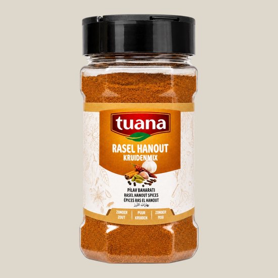 Tuana Rasel Hanout kruidenmix in een doorzichtige plastic pot met zwart deksel. Gekleurde kruidenmix.