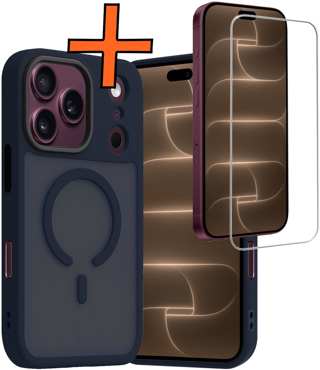 Hoes - Met Screenprotector - Geschikt voor Apple iPhone 18 Pro - Magsafe Compatible - Sterk & Shockproof - Back Cover - Shock Proof Case - Telefoon Hoes - Donkerblauw