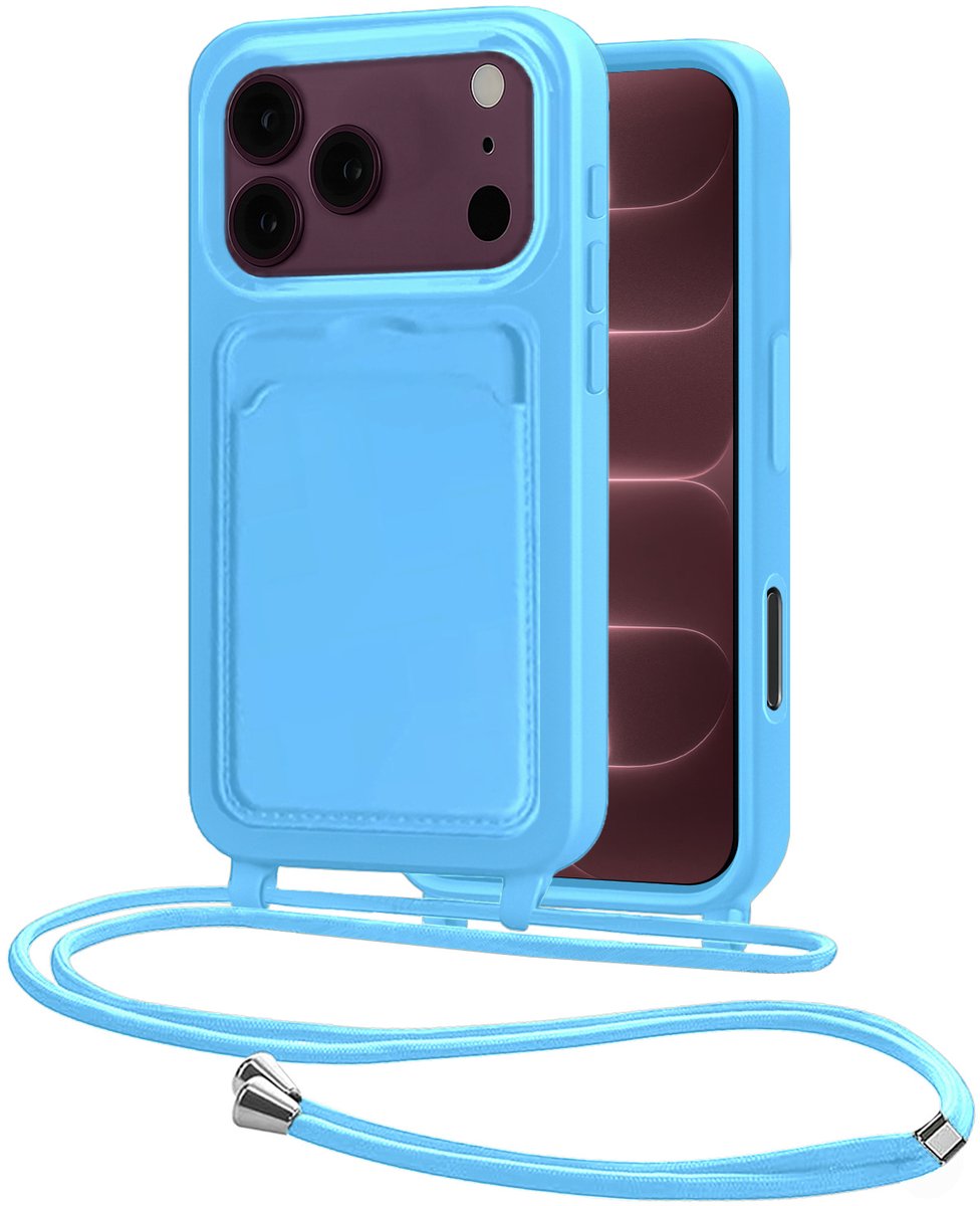 Hoes Geschikt voor iPhone 18 Pro Met Telefoonkoord - Siliconen Hoesje Backcover Met Ketting - Lichtblauw