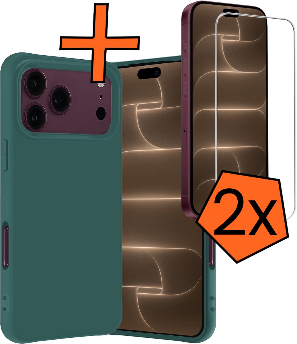 Hoes - Met 2x Screenprotector - Geschikt voor Apple iPhone 18 Pro - Sterk & Shockproof - Back Cover - Siliconen Case - Telefoon Hoes - Donkergroen