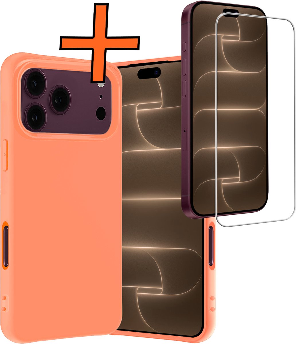 Hoes - Met Screenprotector - Geschikt voor Apple iPhone 18 Pro Max - Sterk & Shockproof - Back Cover - Siliconen Case - Telefoon Hoes - Perzik