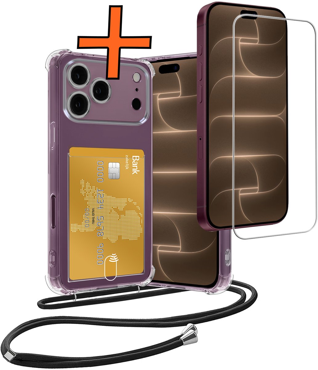 Hoesje Geschikt voor iPhone 18 Pro Hoesje Met Telefoonketting Pasjeshouder Shockproof Case Met Screenprotector Koord - Hoesje Geschikt voor iPhone 18 Pro Hoes Met Kaarthouder - Transparant