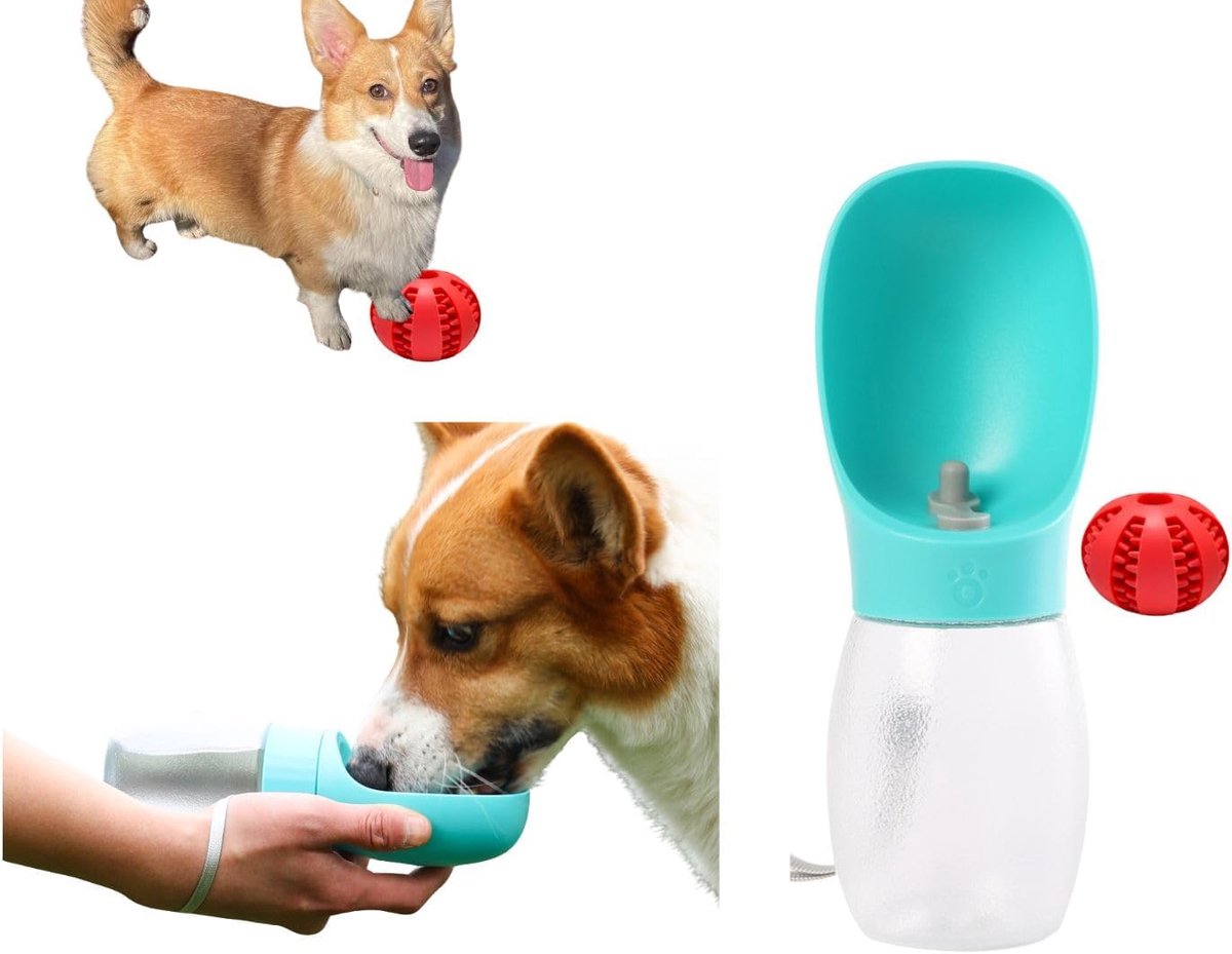 Green Dog Water Bottle (300ml) with Red Treat Ball (5cm), Leak-proof Dog Water Bottle for Small and Medium Dogs, Ideal - ShopVlot