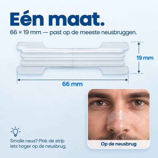 Neusstrip van 66x19 mm, op de neus van een man. Afmetingen aangegeven.