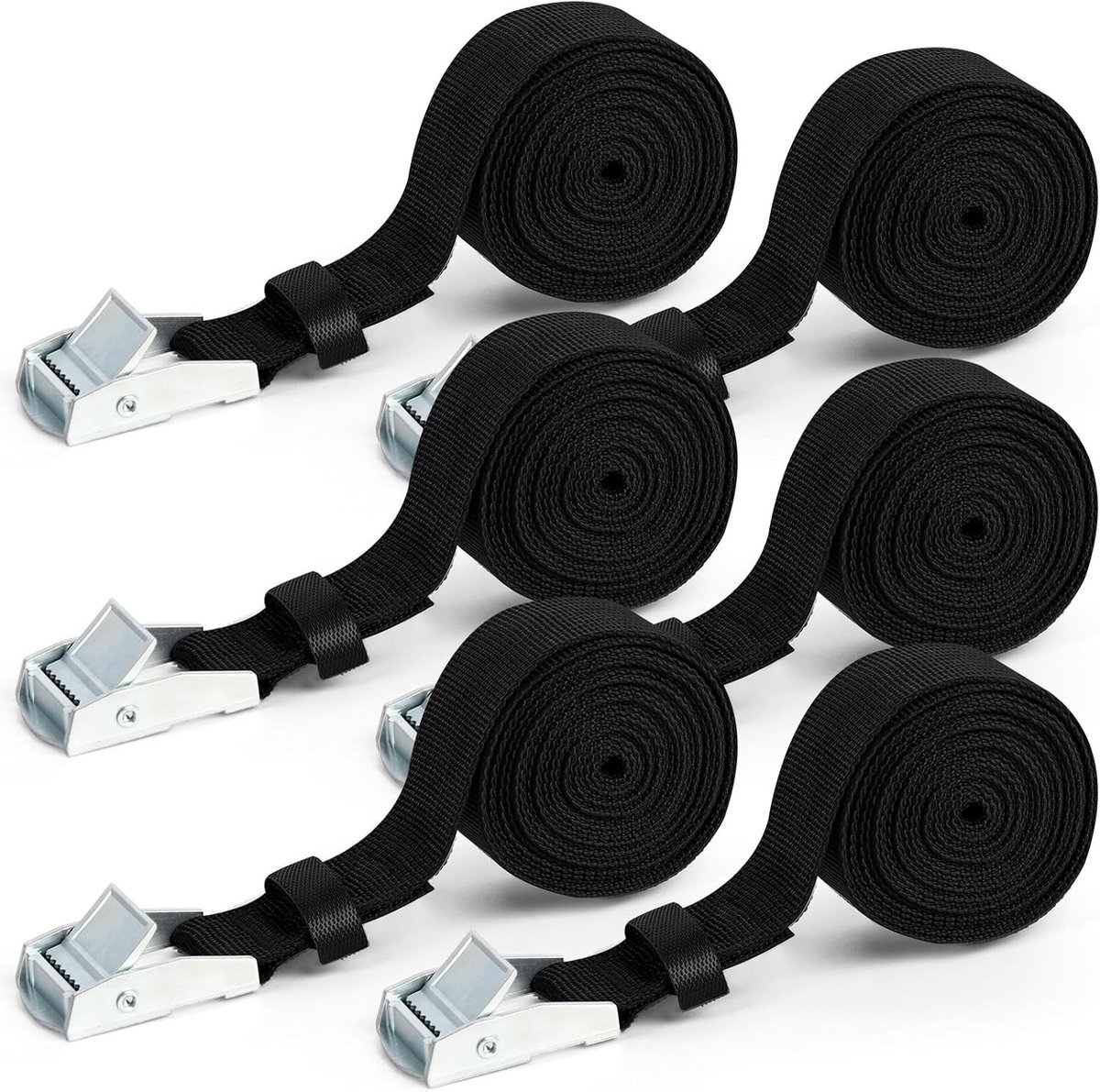 Verstelbare Heavy-Duty Spanbanden 6 Stuks, 2.5 m X 25 mm voor Motorfiets, Vrachtwagen en Aanhangwagen - 250 Kg Laadvermogen, Snelsluiting, Zwart en Duurzaam