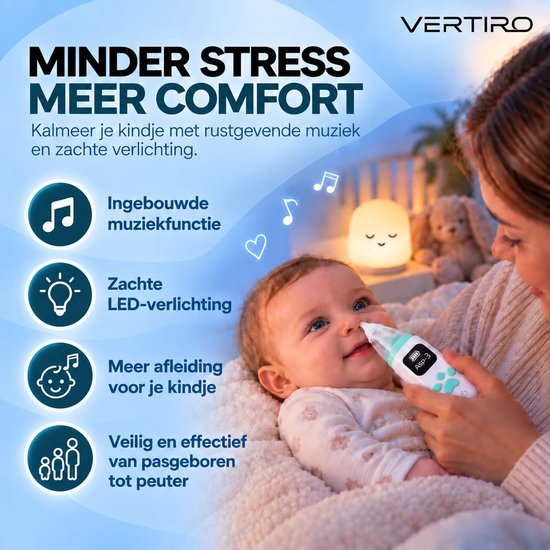 Moeder reinigt baby's neus met witte en groene neusreiniger. Met ingebouwde muziekfunctie en zachte LED-verlichting.