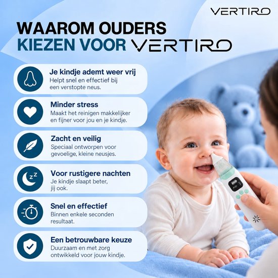 Lachende baby met neusreiniger met groene accenten. Ouders kiezen Vertiro voor vrije ademhaling.