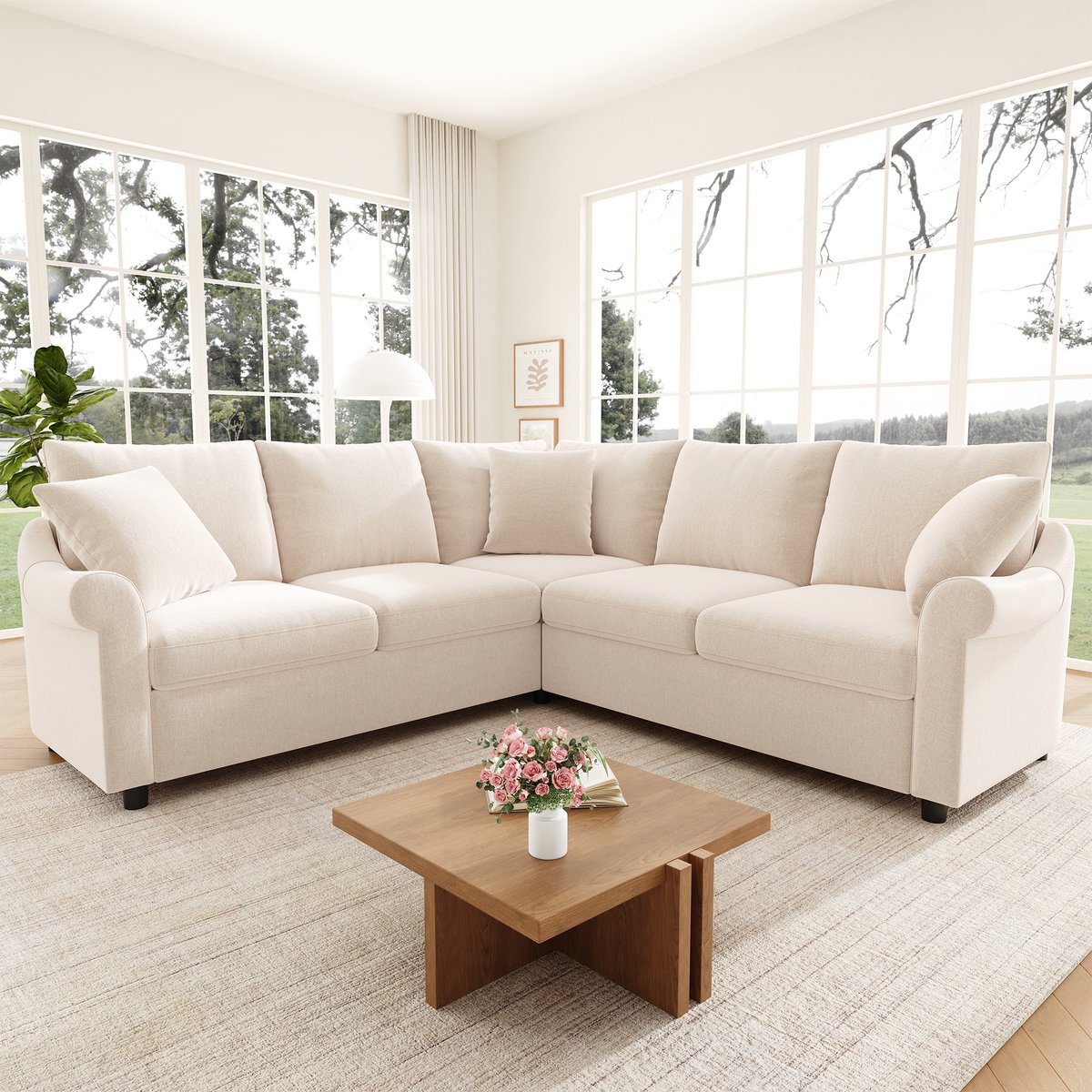 STILVORA Hoekbank 5-Zits 217 x 217 cm - L-Vorm Met Zachte Chenille Bekleding En Afneembare Zitkussens - Voor De Woonkamer - Chenille Beige