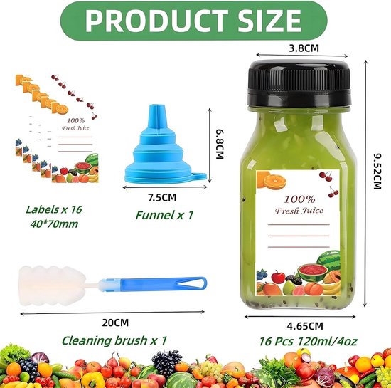 Set van 16 Mini Plastic Juice Bottles 120ml met Doppen, Labels, Trechter en Borstel - Herbruikbare Drinkcontainers voor Sap en Smoothies — afbeelding 5
