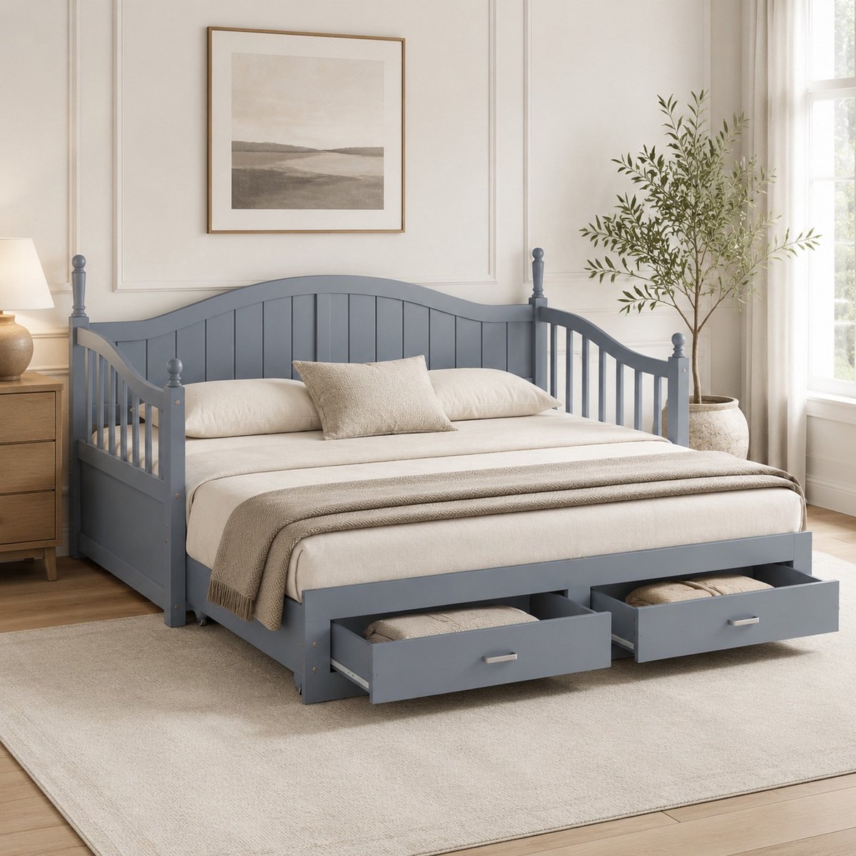 WUVRIE Uittrekbare slaapbank 90x190 cm, uitbreidbaar tot 180x190 cm met 2 lades en lattenbodem, grijs