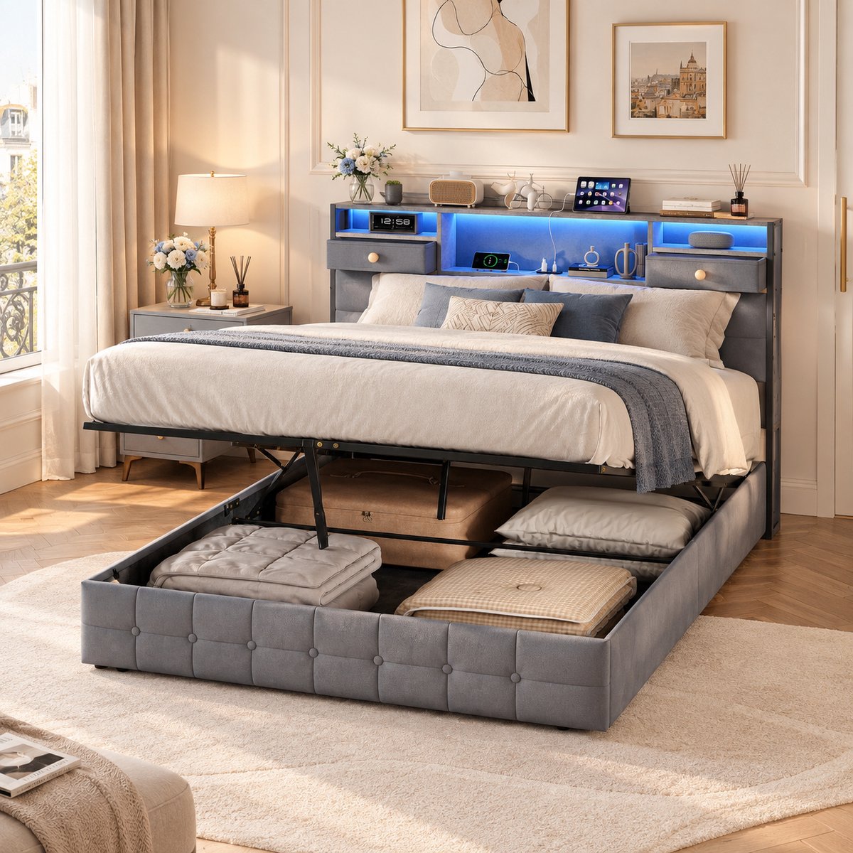 MEXUS Opbergbed 160x200 cm met hydraulische opbergruimte, Tweepersoonsbed met led- en usb-aansluiting, bedframe met lattenbodem en opbergbaar hoofdeinde, gestoffeerd bed, fluweel Grijs