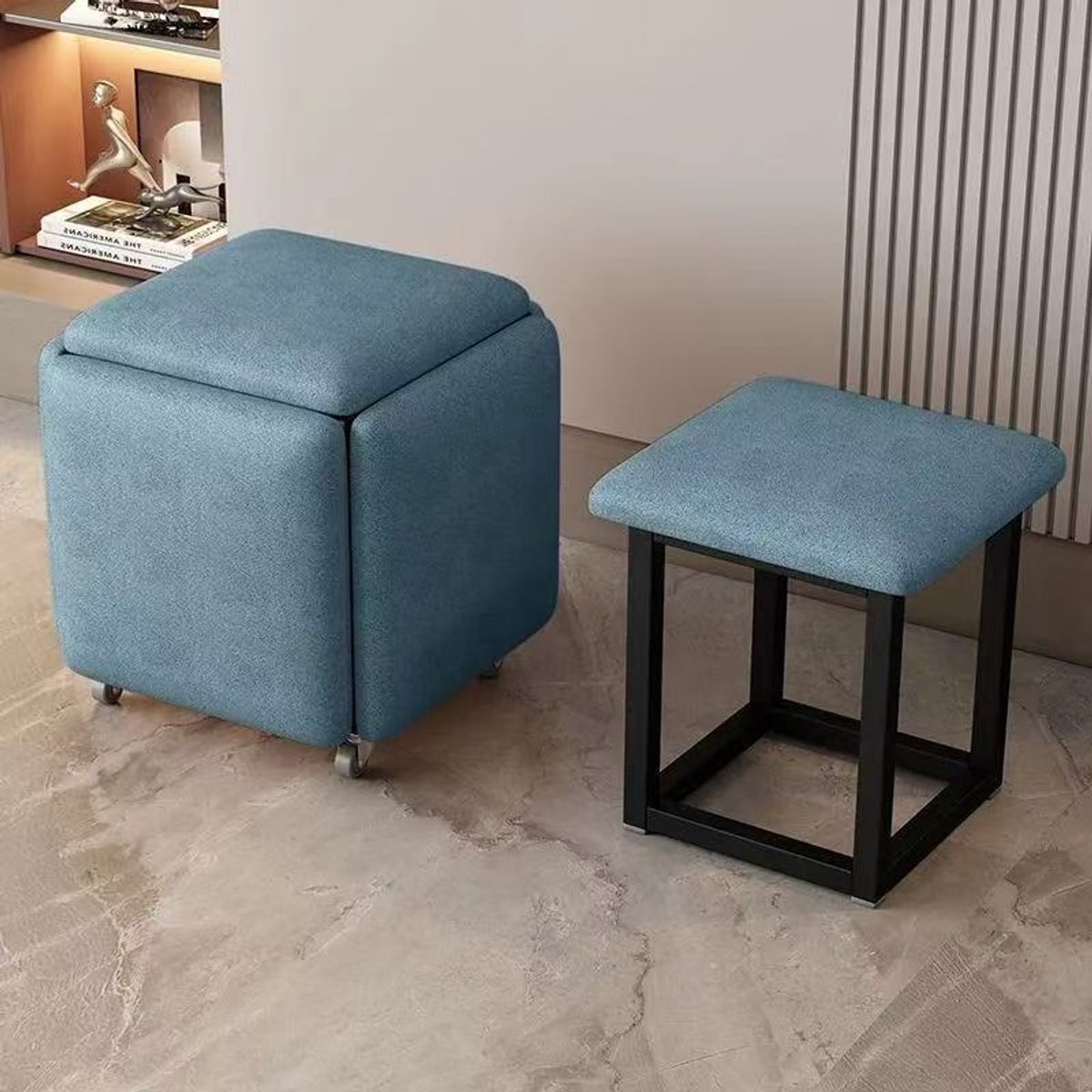 Vijf-in-één kubus kruk stapelbare combinatie voetenbank met wieltjes multifunctionele opbergkruk voor woonkamer en hal Blauwe technische stof 35*35*35